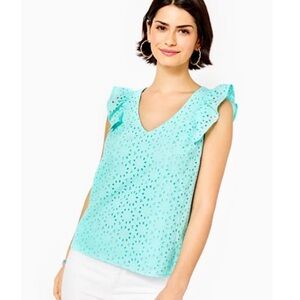 Lilly Pulitzer Lina Eyelet Top in Surf Blue NWT